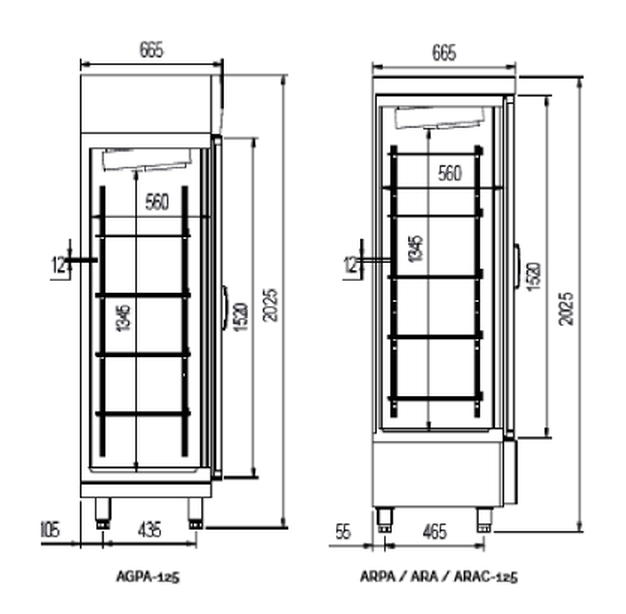 Plano con medidas de Expositor refrigerado ARAC-125