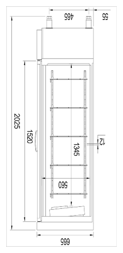 Plano con medidas de Expositor refrigerado ARPAC-125