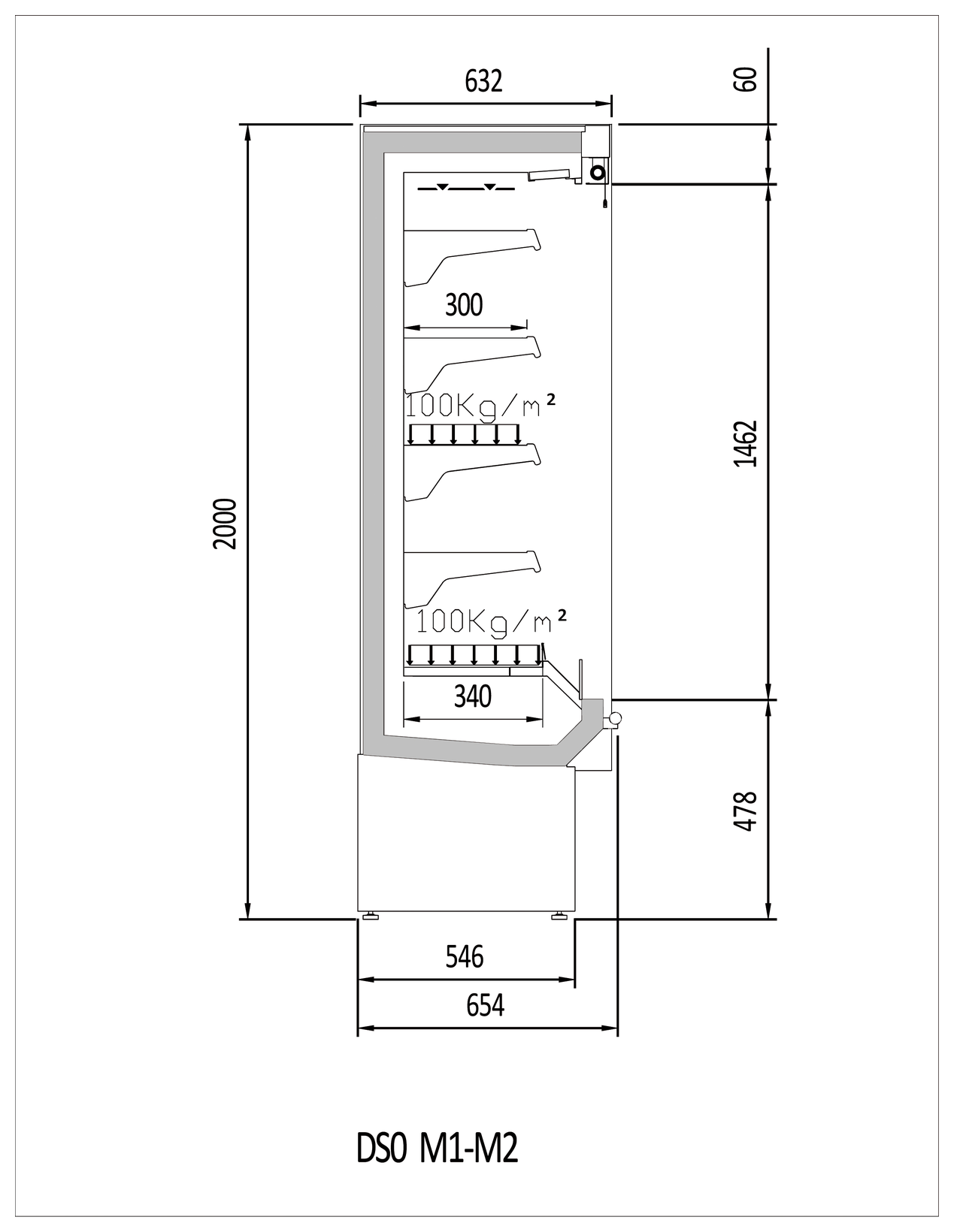 Plano con medidas de Vitrina mural Cedar DS0-06-L-M2