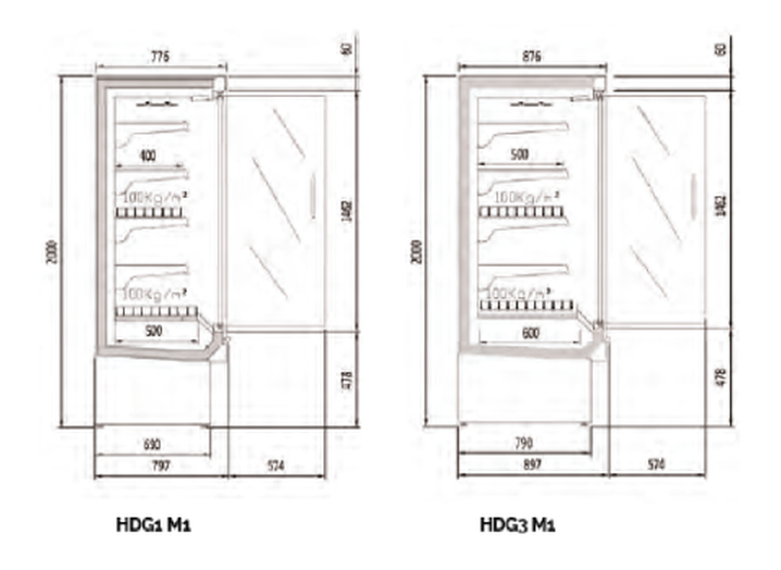 Plano con medidas de Mural refrigerado cerrado Cedar HDG1-09-M1