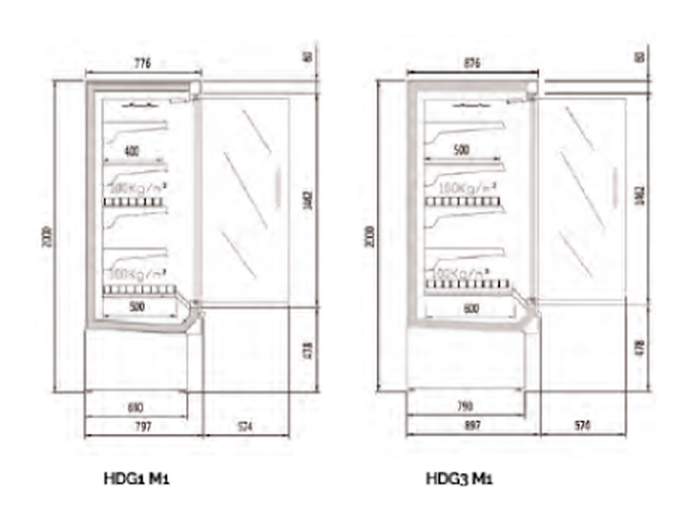 Plano con medidas de Mural refrigerado cerrado Cedar HDG3-12-M1