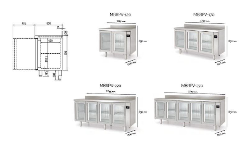 Plano con medidas de Mesa refrigerada Radiant MBRPV-170