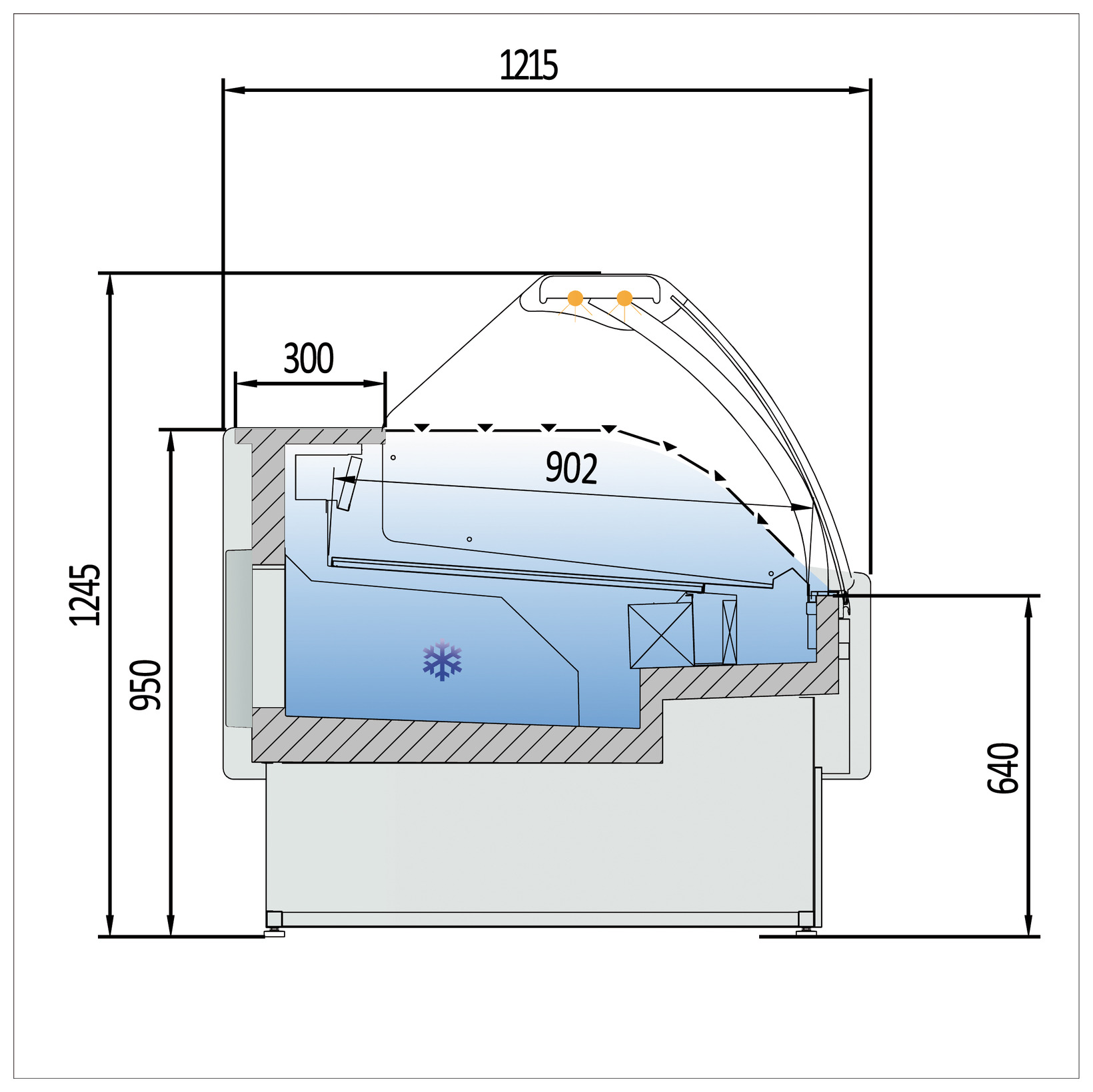 Plano con medidas de Vitrina expositora Olira VE-12-15-C-TF