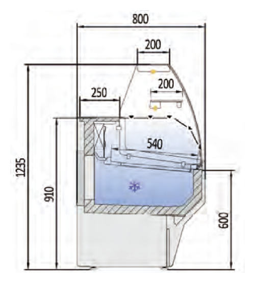 Plano con medidas de Vitrina expositora Vesper VE-8-10-C