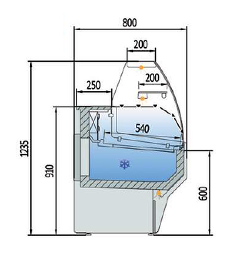 Plano con medidas de Vitrina expositora Vesper VE-8-20-C