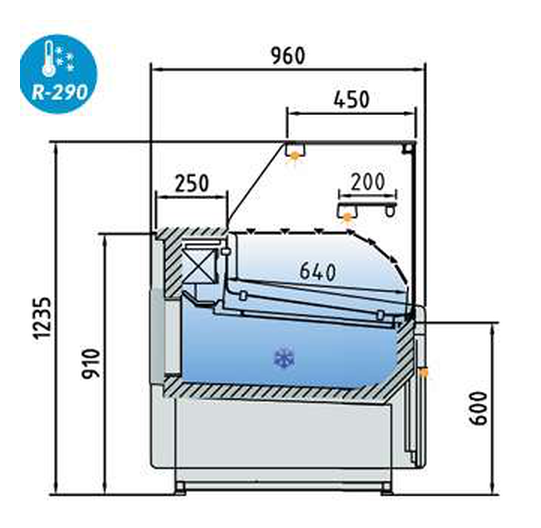 Plano con medidas de Vitrina expositora Juniper VE-9-10-RC