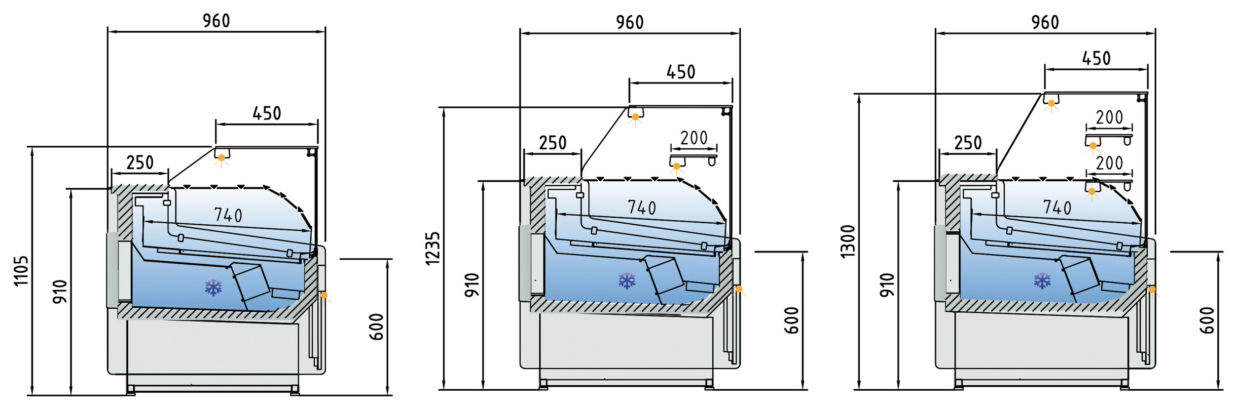 Secciones con medidas de Vitrina expositora Juniper VE-9-30-RC-TF (3 versiones de cristal)